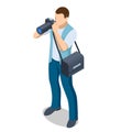Isometric man Photographer with dslr Camera. Digital photo camera. Home hobby, lifestyle, travel, people concept