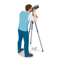 Isometric man Photographer with dslr Cameraon a tripod. Digital photo camera. Home hobby, lifestyle, travel, people Royalty Free Stock Photo