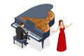 Isometric man pianist plays the grand piano and a beautiful opera singer stands next