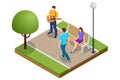 Isometric man playing guitar on park. Male street musician. Music instrument. Solo guitarist. Male street musician.