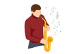 Isometric man playing saxophone. Saxophone jazz instrument. Jazz or blues musician