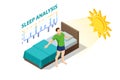 Isometric man relies on gadgets during sleep. An app on a fitness tracker. The tracker monitors both heart rate and