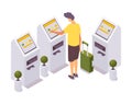 Isometric man self check-in for the flight at airport