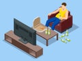 Isometric man sits on the couch, eats pizza, drinks a lot of beer and watches TV. Rest at home.