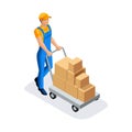 Isometric man in uniform gains goods in the warehouse for further delivery. Warehouse Concept. 3D character of emotion. Vector ill Royalty Free Stock Photo