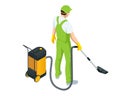 Isometric man with a vacuum cleaners of various types isolated on white background. Washing and Cleaning service concept Royalty Free Stock Photo