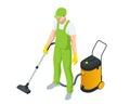 Isometric man with a vacuum cleaners of various types isolated on white background. Washing and Cleaning service concept Royalty Free Stock Photo