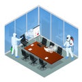 Isometric man wearing a protective suit disinfects office workspace with a spray gun. Virus pandemic COVID-19