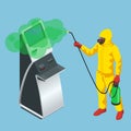 Isometric man wearing a protective suit disinfects online payment systems and self-service payments terminals with spray