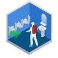 Isometric man wearing a protective suit disinfects public toilet with a spray gun. Virus pandemic COVID-19. Prevention