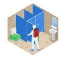 Isometric man wearing a protective suit disinfects public toilet with a spray gun. Virus pandemic COVID-19. Prevention Royalty Free Stock Photo
