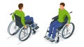 Isometric man in a wheelchair using a ramp isolated. Chair with wheels, used when walking is difficult or impossible due Royalty Free Stock Photo