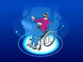 Isometric man in a wheelchair using a ramp and man wearing virtual reality goggles isolated. Chair with wheels, used