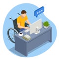 Isometric man in wheelchair working on laptop computer at home or office. Handicapped businessman character at workplace