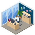 Isometric man in wheelchair working on laptop computer at office. Handicapped businessman character at workplace