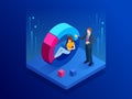 Isometric man and woman interacting with charts and analysing statistics and data. Circle business graphic elements