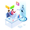 Isometric man and woman with robot artificial intelligence working , robot working with virtual display. RPA, artificial