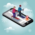 Isometric man and woman skiing. Happy couple loves skiing. Happy couple loves skiing. Searching for cross country skiing