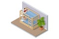 Isometric man and woman sleeping in two level bed at night. Hostel room and two-level beds with linens