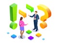 Isometric man and woman standing near exclamations and question marks. Ask questions and receive answers. FAQ and Q A