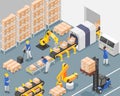 Isometric manufacturing. Workers working on assembly line, conveyor, with robotics arms and modern factory machines