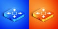 Isometric Many ways directional arrow icon isolated on blue and orange background. Square button. Vector