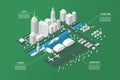 Isometric map city. 3D white town district elements. Houses and roads. Urban or suburb streets. Modern airport Royalty Free Stock Photo
