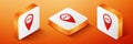 Isometric Map pointer with taxi icon isolated on orange background. Orange square button. Vector