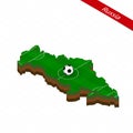 Isometric map of Russia with soccer field. Football ball in center of football pitch