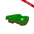 Isometric map of Rwanda with soccer field. Football ball in center of football pitch