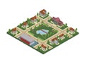 Isometric map of small town or cottage village. Private houses, trees and pond or lake. Vector illustration, isolated on
