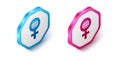 Isometric 8 March icon isolated on white background. International Happy Women Day. Hexagon button. Vector Royalty Free Stock Photo