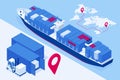 Isometric Maritime transport logistics concept. Ship cargo delivery or boat shipping containers and parcel boxes. Import Royalty Free Stock Photo