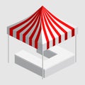 Isometric market stall, tent. Street awning canopy kiosk, counter, white red strings for fair, street food, market