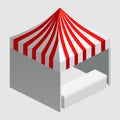 Isometric market stall, tent. Street awning canopy kiosk, counter, white red strings for fair, street food, market