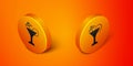 Isometric Martini glass icon isolated on orange background. Cocktail icon. Wine glass icon. Orange circle button. Vector Royalty Free Stock Photo