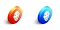 Isometric Mask of the devil with horns icon isolated on white background. Orange and blue circle button. Vector