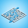 Isometric maze, labyrinth solution concept on a blue radial background.