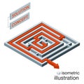 Isometric maze, labyrinth solution concept.