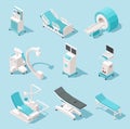 Isometric medical equipment. Hospital diagnostic tools. Health care technology 3d machines vector set Royalty Free Stock Photo