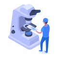 Isometric medical research concept. Medical worker with huge microscope. Chemical experiment or blood test 3d vector illustration