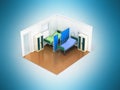 Isometric medical room two beds 3d render on blue background Royalty Free Stock Photo