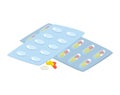 Isometric medication blister packs with pills and capsules. Health care, prescription drugs and pharmaceuticals vector