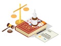 Isometric medicine drugs on the Law book, scales of justice, judge gavel, flat vector illustration. Pharmaceutical law.