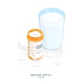 Isometric medicine pills bottle, glass of water swallow pills Royalty Free Stock Photo