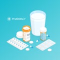 Isometric pharmacy medicine pills bottle,glass of water swallow pills Royalty Free Stock Photo