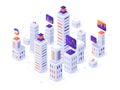 Isometric megalopolis infographic. City buildings, futuristic urban and town business office district metrics 3d vector