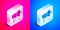 Isometric Megaphone icon isolated on pink and blue background. Speaker sign. Silver square button. Vector