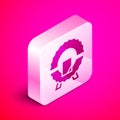 Isometric Memorial wreath icon isolated on pink background. Funeral ceremony. Silver square button. Vector