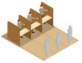 Isometric men aiming pistol at target in indoor firing range or shooting range. Shooters practising tactical shooting in